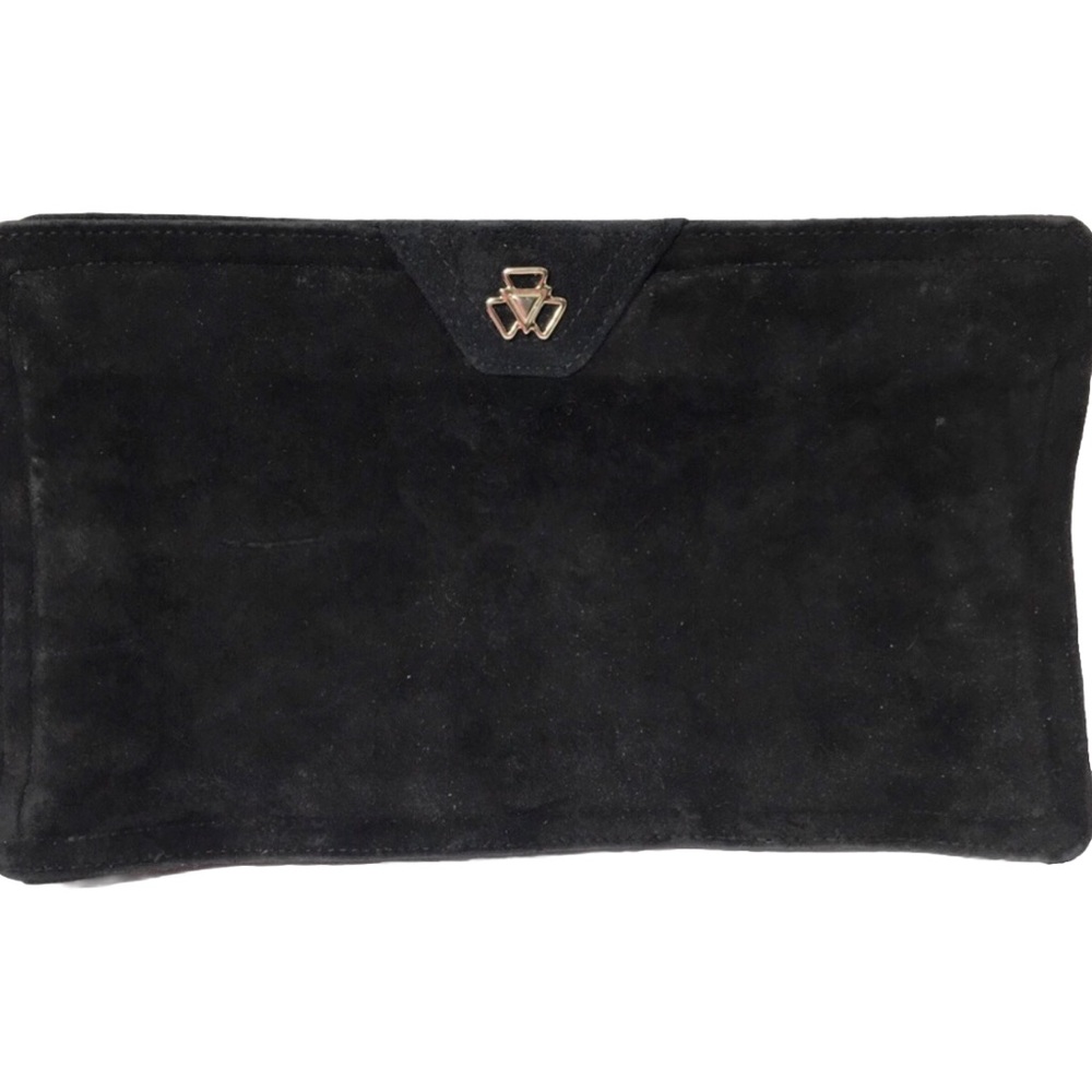Clemente vintage suede leather black and gold clutch.
